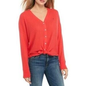 Tommy Hilfiger Red Waffle Knit Button Down Sweater Women's Size Extra Small XS